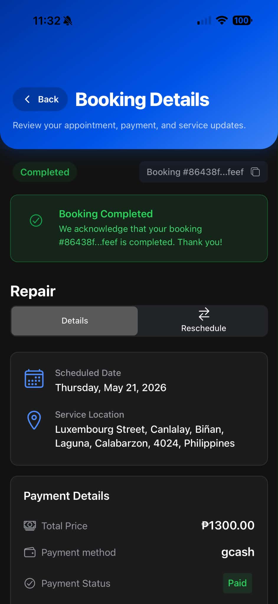 Happy Aircon booking details
