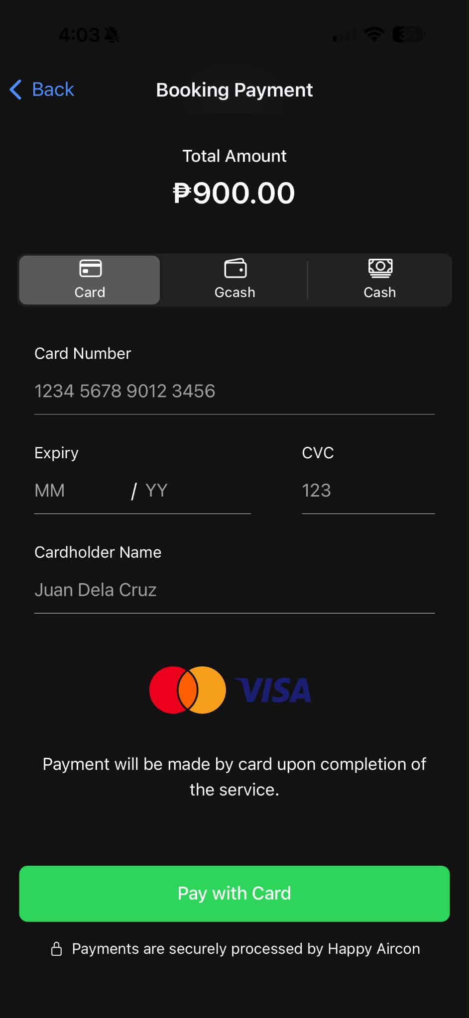 Happy Aircon card payment