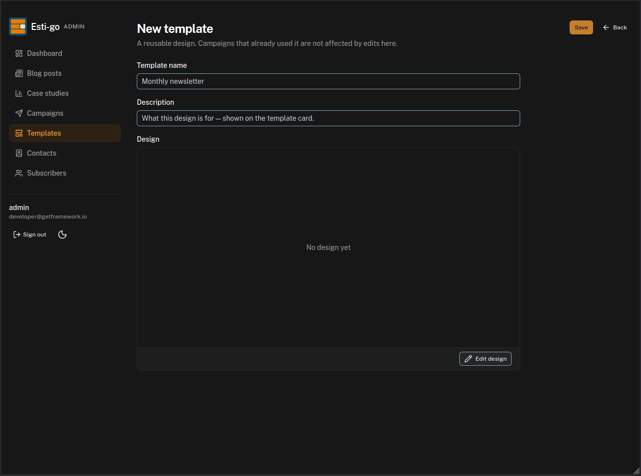 Esti-Go Marketing CMS create templates