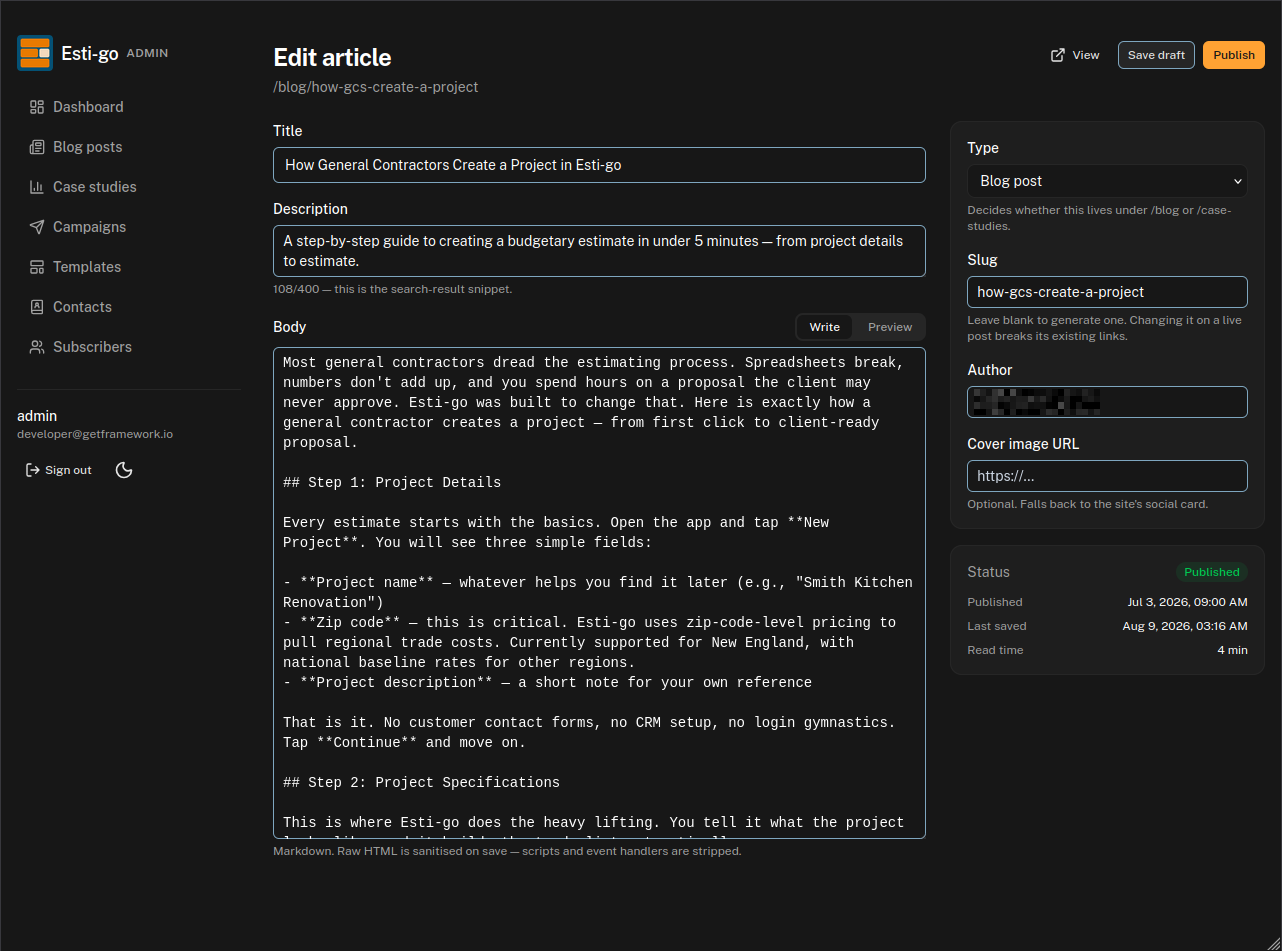 Esti-Go Marketing CMS edit article