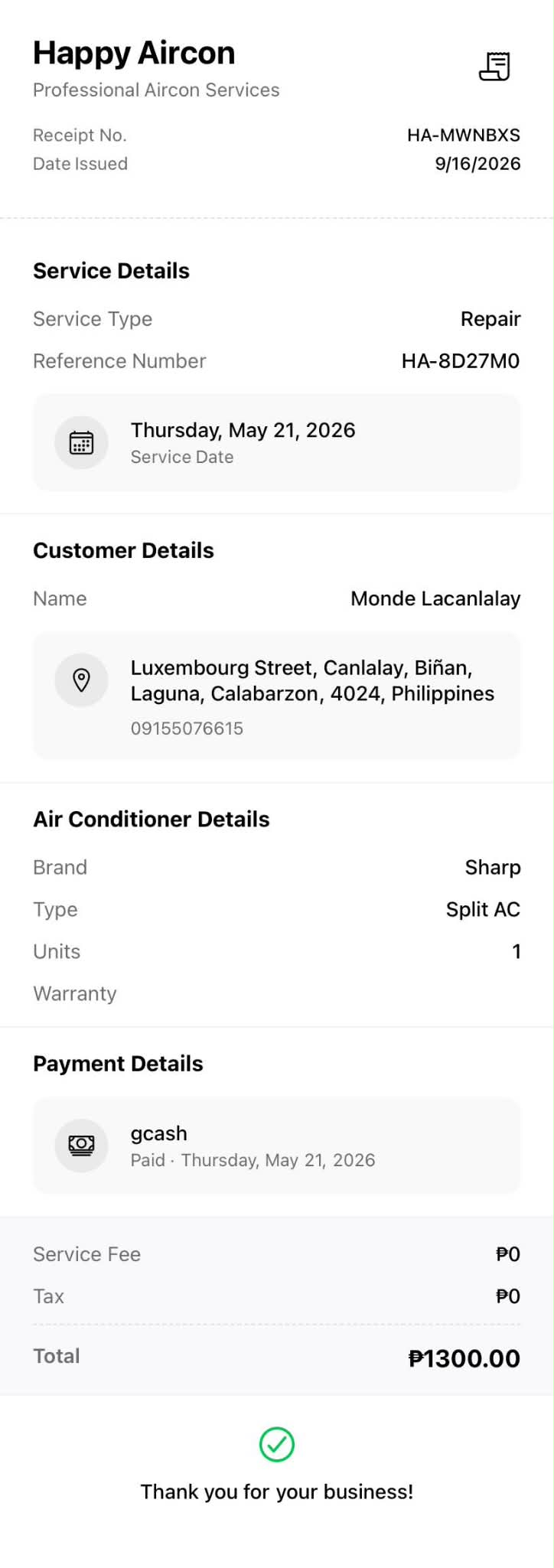 Happy Aircon receipt
