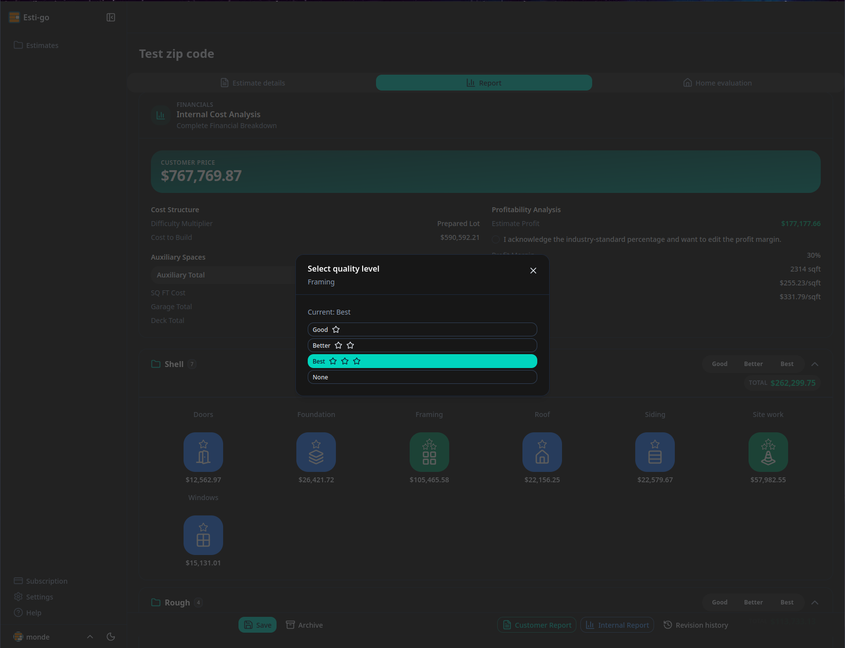 Esti-Go trade quality menu